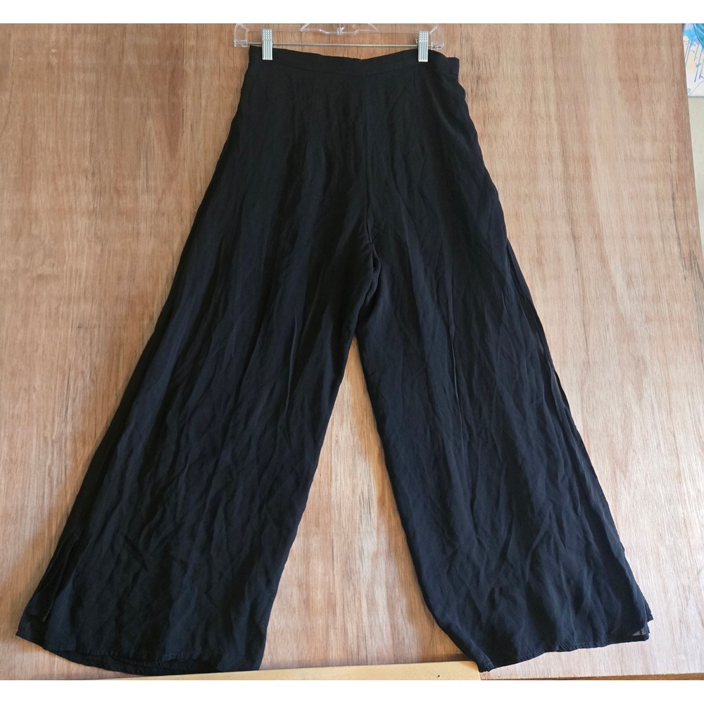 Vintage Tadashi Black Wide Leg Split Pants Size 12 High Waisted Rayon USA Made